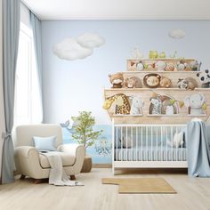 a baby's room with an animal themed wall mural