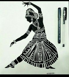 a black and white drawing of a woman in an african style dress with her arms outstretched