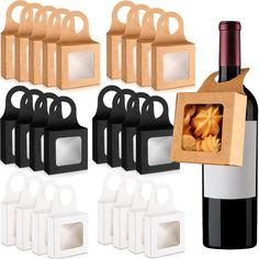 several wine bottles and bags with some food in them