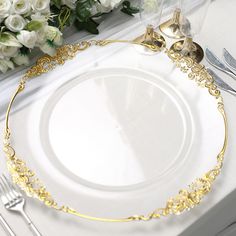 6 Pack | 13inch Clear Gold Embossed Baroque Round Charger Plates With Antique Design Rim Charger Plate, Gold Charger Plates Wedding, Clear Plates With Gold Charger, Gold Rimmed Charger Plates Wedding, Ornate Charger Plates, Gold Rimmed Charger Plates, Charger Plates Wedding, Gold Baroque Charger Plate, Gold Charger Plate