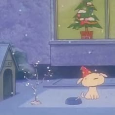 a cartoon dog wearing a party hat and standing in front of a house with a christmas tree