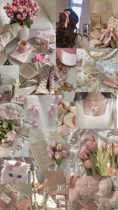 a collage of pink and white images with flowers in vases, books, cards, jewelry and other items