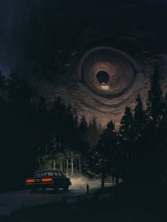 an eye is seen in the sky above a car parked on a road at night