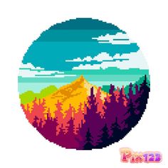 an image of a mountain with trees and clouds in the background, pixel art style