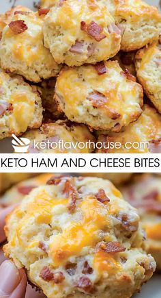 keto ham and cheese bites are stacked on top of each other in the shape of biscuits