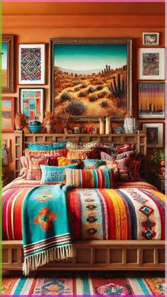 a bed with colorful bedspread and pillows in front of pictures on the wall