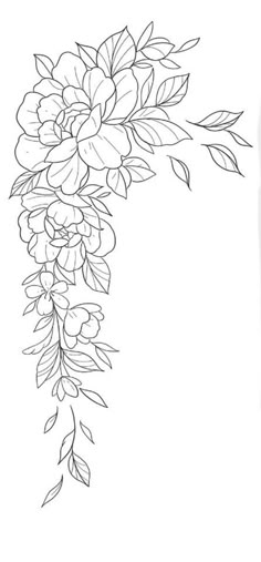 an ink drawing of flowers on a white background