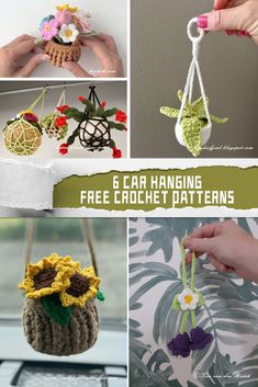 crochet flower pot holders are featured in this collage with text overlay that reads, 6 car hanging free crochet patterns