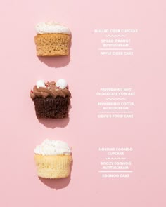 three cupcakes with different toppings on a pink background