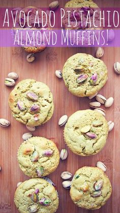 almond muffins on a cutting board with the words avocado pesto almond muffins