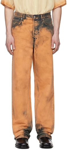 Orange Bleached Jeans by Dries Van Noten on Sale Activewear Photoshoot, Diy Pants, Orange Jeans, Dye Jeans, Bleached Jeans, Orange Pants, Men Fashion Casual Shirts, African Clothing For Men, Bleached Denim