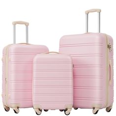 The 3 pieces set includes 20 inches, 24 inches, and 28 inches of luggage. One set just satisfies all your different traveling needs. Lightweight 100% ABS material, smooth 360° spinner wheels, and carrying top & side handles make your trips more easily. Upgraded with a 3-digit combination TSA lock, so that only you or a TSA agent have easy access to your belongings when traveling. Maximize 25% more space of your packing power with the Expandable feature. Large storage space and fully lined interi Pink Suitcase, Hard Case Luggage, Pink Luggage, 3 Piece Luggage Set, Hardside Spinner Luggage, Spinner Luggage Sets, Lightweight Suitcase, Luggage Case, Luggage Shop