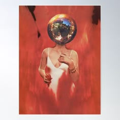 a woman with a disco ball on her head in front of a red background poster