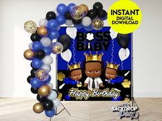 a birthday photo frame with balloons and confetti around it, in the shape of a boss baby