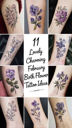 many different tattoos on the legs and feet are shown in this collage with purple flowers