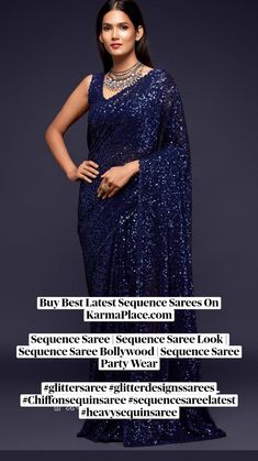 Blue Sequin Saree, Navy Blue Saree, Sequins Saree, Party Wear Sarees Online, Georgette Material, Sequence Saree, Sequin Saree, Party Sarees, Party Wear Saree