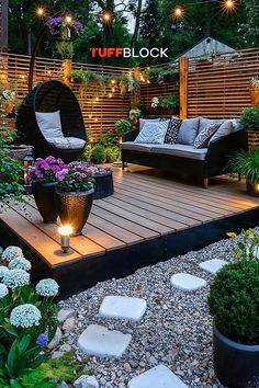 cozy outdoor deck with egg chair, sofa and rustic path Small Back Door Deck, Outdoor Deck Ideas Small Spaces, Patio Or Deck, Small Wooden Deck Ideas, Private Deck Ideas, Small Back Deck Ideas, Ground Level Deck Ideas, Lights On Deck, Small Deck Ideas On A Budget