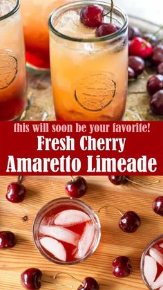 two glasses filled with fresh cherry amaretto limeade on top of a wooden table