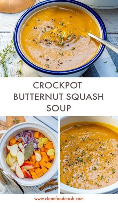 the crockpot butternut squash soup is ready to be eaten and served in bowls