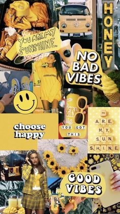 the collage has many different pictures and words on it, including sunflowers