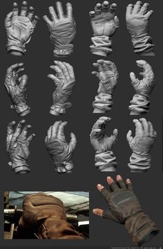 several different views of gloves and hands