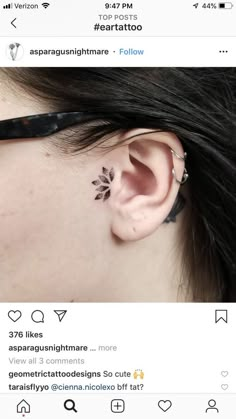 an ear tattoo is shown on someone's left ear, and it looks like they are