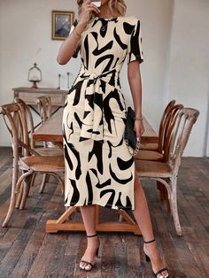 Knotted Dress Outfit, Front Split Dress, Front Knot Dress, Church Attire, Twist Front Dress, Tie Waist Dress, Crewneck Dress, Women Maxi, Dress With Tie