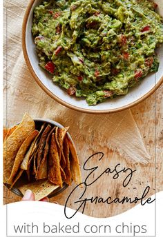 Top view of a bowl of guacamole and a bowl of baked chips with a hand reaching for one. It is labeled with the words, Easy Guacamole with Baked Corn Chips. Homemade Corn Chips, Healthy Chips, Vegan Snack Recipes, Plant Based Recipes Easy, Baked Corn, Easy Guacamole, Healthy Baked, Corn Chips, Delicious Snacks Recipes