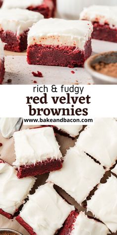 red velvet brownies with white frosting on top and in the middle, cut into squares