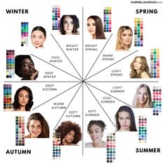 This easy and simple season color analysis for women will improve your look and style. Find your seasonal color palette that works best for your complexion. 12 season color analysis, winter, spring, autumn, and summer. Season color palettes and how to find out which season you are. Warm or cool undertones, hair tones, and eye color charts for each season color. clear spring, warm spring, light spring, light summer, cool summer, soft summer, soft autumn, warm autumn, deep autumn, deep winter, c True Summer Color Palette Analysis, Autumn Season Color Palette Outfits, All Seasons Color Palette, Color Palettes Seasons, Season Color Pallete, 16 Season Color Palette, Spring Tone Outfits, Spring Tone Hair Colors, What Season Am I Color Palettes