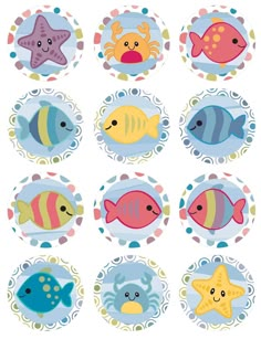 a bunch of different types of fish on a white background with blue and yellow circles