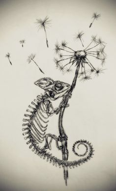 a drawing of a skeleton holding a dandelion