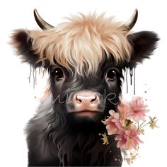 a painting of a black and white cow with flowers in its mouth, looking at the camera