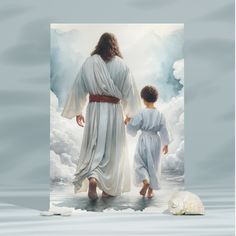 a painting of jesus walking with his son