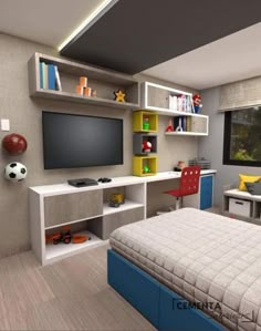 a bedroom with a bed, desk and television on the wall next to a window