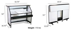 two different types of shelving units on wheels with measurements for each unit and the width