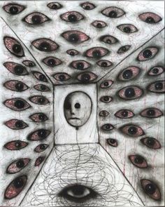 Scary Abstract Art, Dark Paintings Creepy Easy, Creepy Drawing Ideas Dark Art, Schizophrène Art, Creepy Eyes Drawing, Suffering Artwork, Scary Drawing Ideas, Eyes Horror, Trippy Tattoo