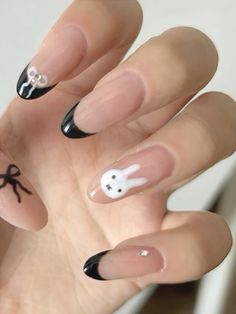 Basic Nail Designs Almond, Nail Inspiration Korean, Cute Subtle Nails, Cute Medium Nail Designs, Nail Designs To Practice, Miffy Nail Design, Miffy Nails Almond, Cute Dainty Nails, Korean Nail Art Blue