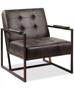 a brown leather chair sitting on top of a wooden frame with an armrest and foot rest