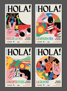 four posters for the exhibition hola, from left to right is an image of a woman