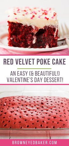 red velvet poke cake with white frosting on top