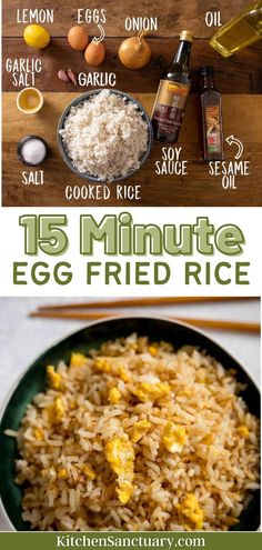 an egg fried rice recipe is shown in the middle and on the bottom, with ingredients labeled