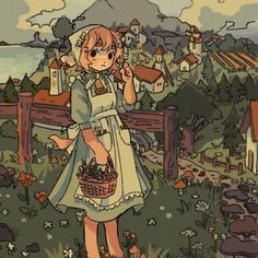 an anime character is holding a basket full of flowers in front of a village and mountains