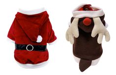 two stuffed animals dressed up like santa claus