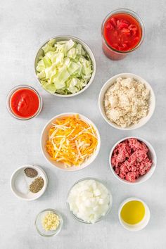 the ingredients for this salad are arranged in bowls