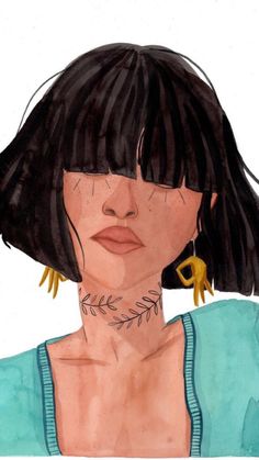 a drawing of a woman with black hair and large earrings on her neck is shown