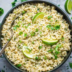 rice with limes and cilantro in a skillet