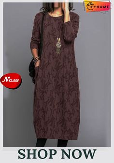 Vintage Printed Winter Jersey Long Sleeve Loose Crew Neck Long Dresses for Women Long Dresses For Women, Jersey Long Sleeve, Long Dresses, Red Purple, Wine Red, Dresses For Women, Vintage Prints, Vintage Dresses, Black And Brown