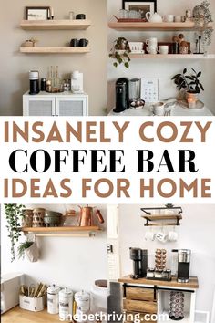 coffee bar styling Coffee Cart In Living Room, 2 Tier Tray Decor For Coffee Bar, Coffee Station Ideas Apartments, Pour Over Coffee Bar Ideas, Chic Coffee Station, Free Standing Coffee Bar Ideas, Floating Shelf Coffee Station, Simple Coffee Station Ideas, Dining Room Coffee Station