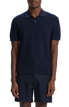 This work-to-weekend polo is crafted in a soft shape-retaining knit for season-spanning polish. 26 1/2" length (size Medium) Button half-placket Short sleeves 60% viscose, 36% polyester, 4% other fibers Dry clean or machine wash, dry flat Imported Navy Short Sleeve Polo Sweater With Ribbed Collar, Wool Polo Shirt For Workwear With Polo Collar, Wool Collared Polo Shirt For Work, Knit Polo Sweater With Button Closure, Blue Wool Collared Top, Relaxed Fit Knit Polo Shirt, Navy Polo Collar Sweater For Work, Navy Collared Polo Sweater For Work, Navy Polo Shirt With Button Closure For Work